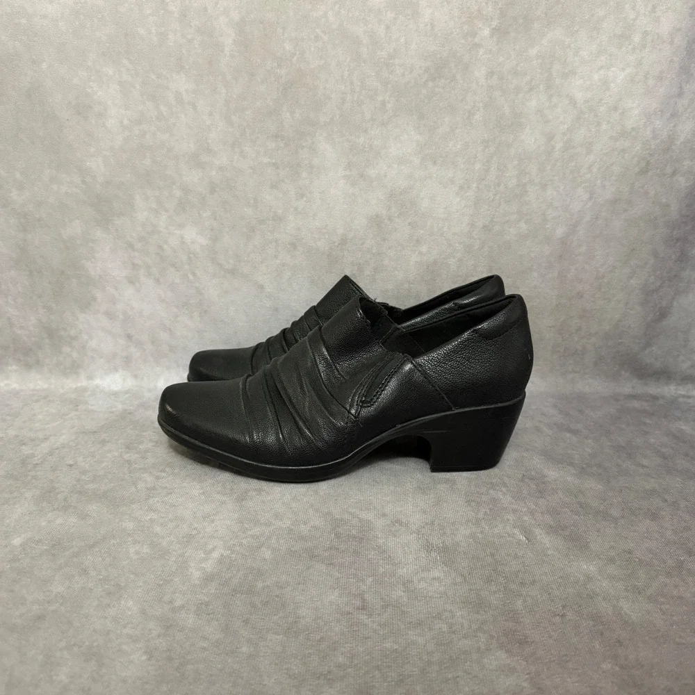 Clarks Collection Leather Shooties Womens 8 Black Ruched‎ Block Heel Ankle Boots